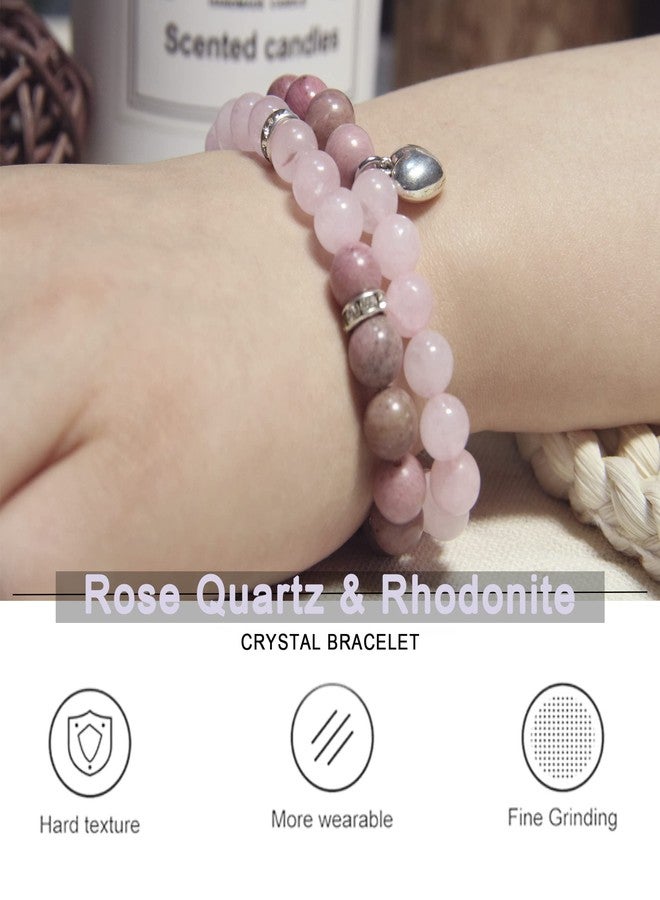 GDLKPYHS Healing Bracelets for Women - Rose Quartz & Rhodonite Bracelet - Healing Prayers Crystal Bracelet, 8mm Natural Stone Stress Relief Yoga Beads Get Well Soon Gifts - Image 2